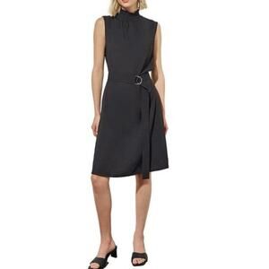 NWOT Ming Wang Crepe De Chine Woven Ruffle Mock Neck Sleeveless Belted Dress